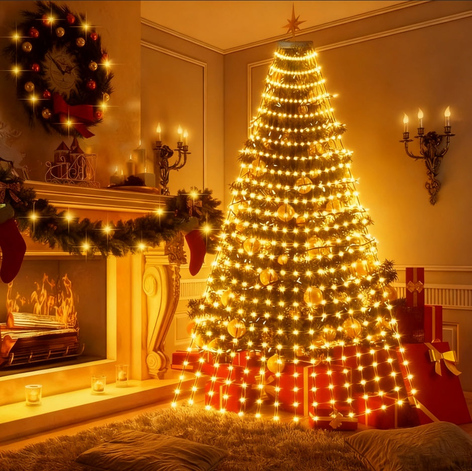 Warm-white strands draped around a Christmas tree