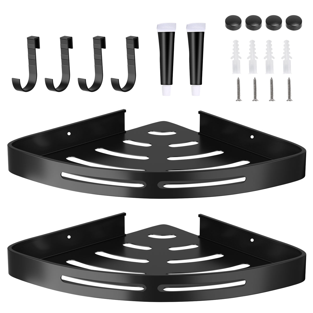 Package image with two shelves four hooks adhesive and fixings