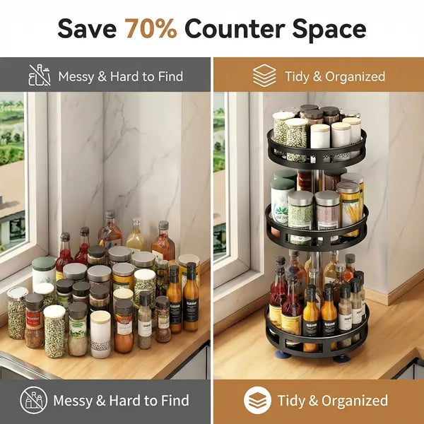 3-Tier Rotating Spice Rack – 360° Carbon Steel Countertop Organizer-SROYAS