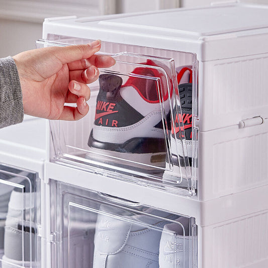 Clear front door opened to access footwear