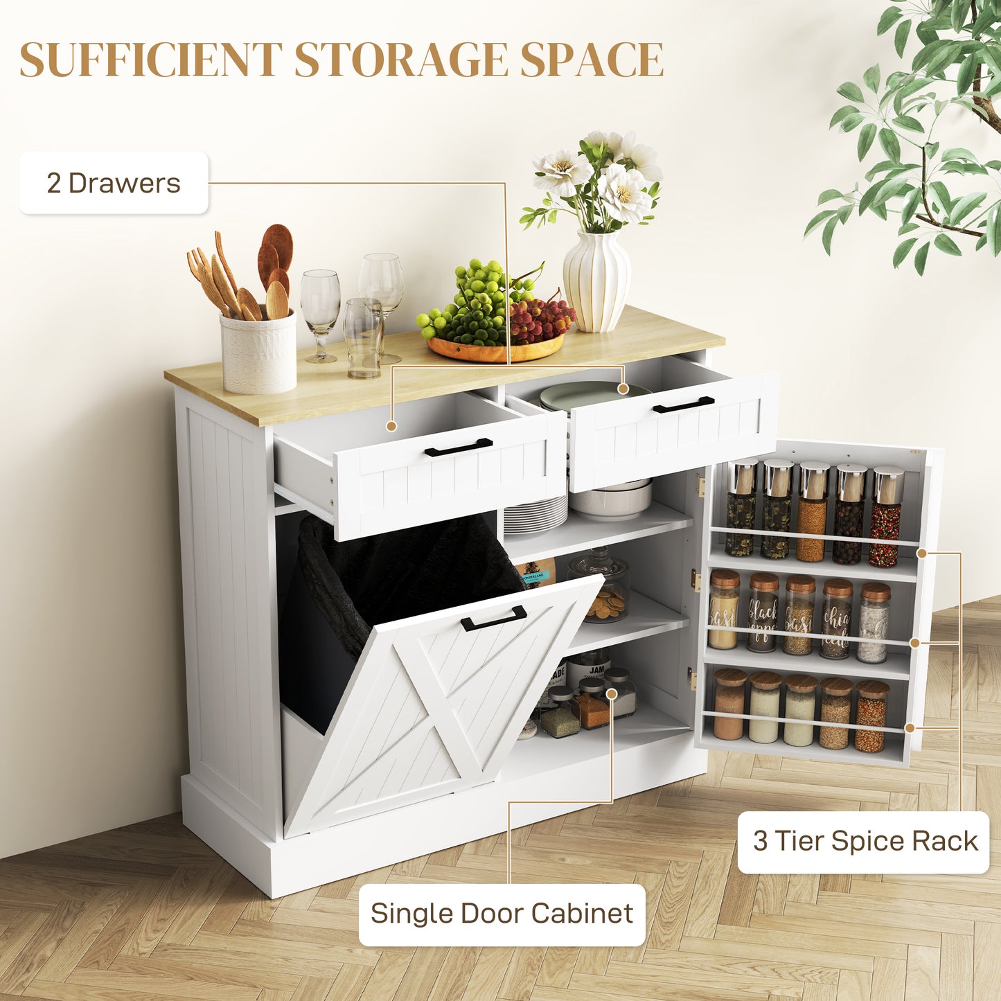 Farmhouse Tilt-Out Trash Cabinet with 3-Tier Spice Rack-SROYAS