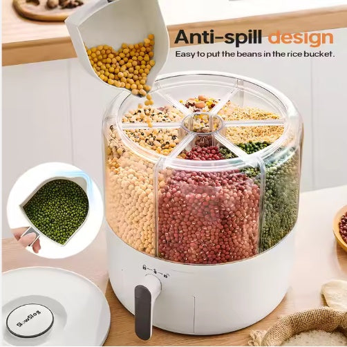 6-in-1 Rotating Grain Storage Dispenser – 360° Rice & Cereal Organizer with Anti-Spill Design-SROYAS