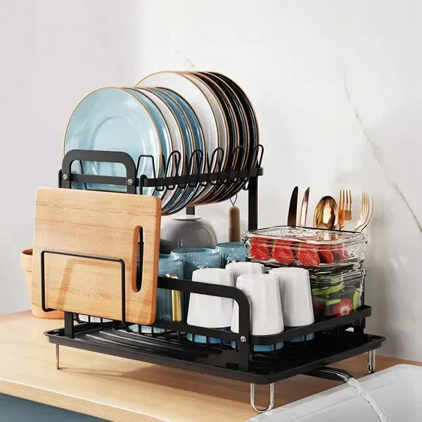 2-Tier Dish Drying Rack with Drainboard, Utensil Holder, Black-SROYAS