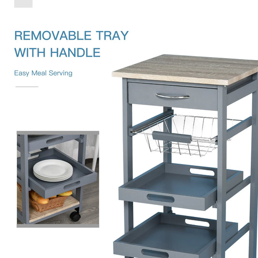Rolling Kitchen Cart – Solid Wood Island with Drawer, Trays & Basket-SROYAS