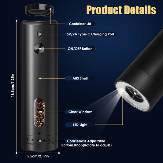 USB Electric Pepper Grinder with LED Light - 6 Levels