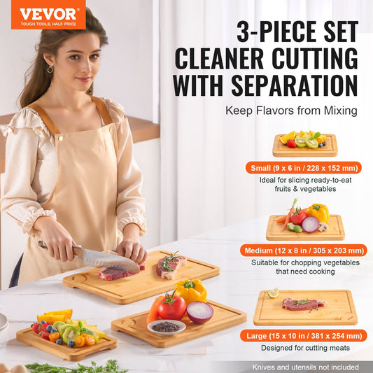 Bamboo Cutting Board Set | 3-Piece with Built-In Handle, Natural by SROYAS for kitchen organization - product image 2