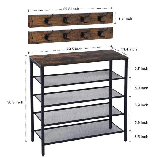 4-Tier Wooden Shoe Rack with Coat Hooks – Entryway Organizer-SROYAS