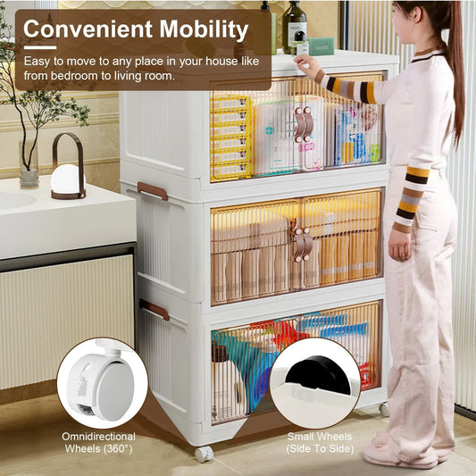 3-Piece Foldable Storage Bins with Lid, Wheels & Magnetic Door | Stackable Home Organizer-SROYAS