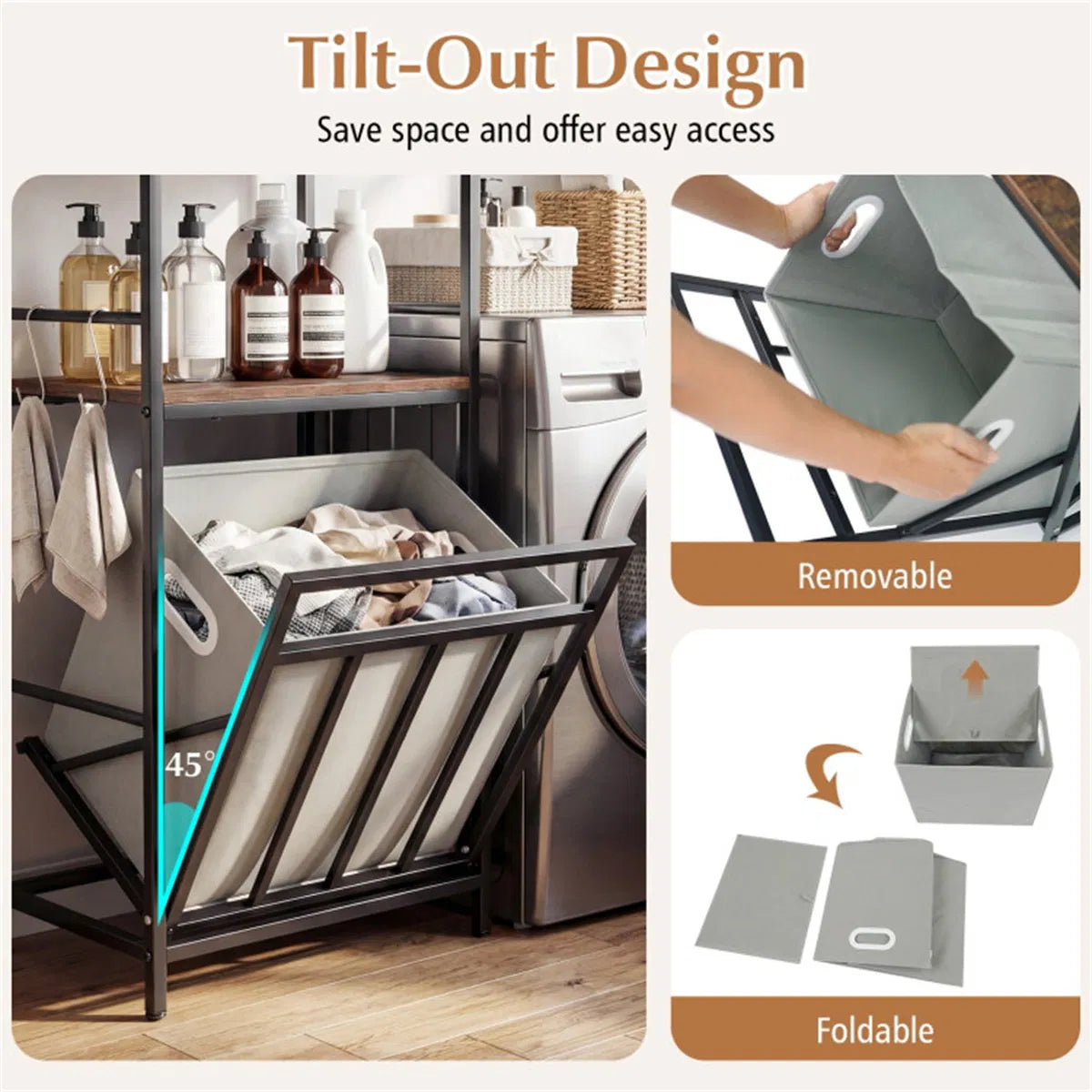 Forty-five-degree tilt, removable bag and folding illustration