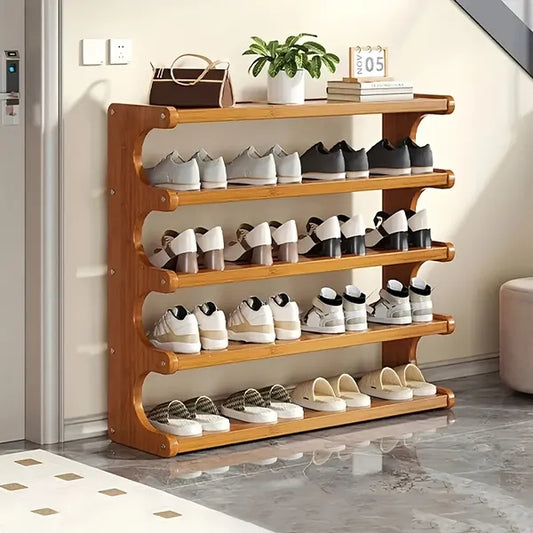 Five-level wood-grain rack holding footwear