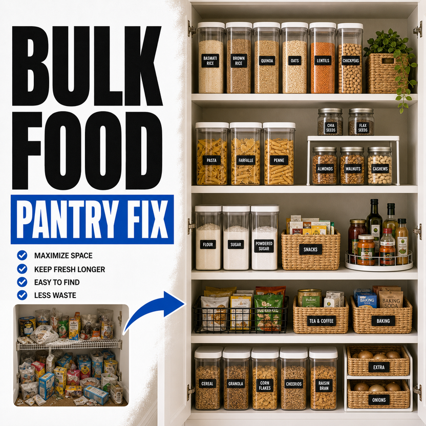 Bulk food pantry storage organization before and after