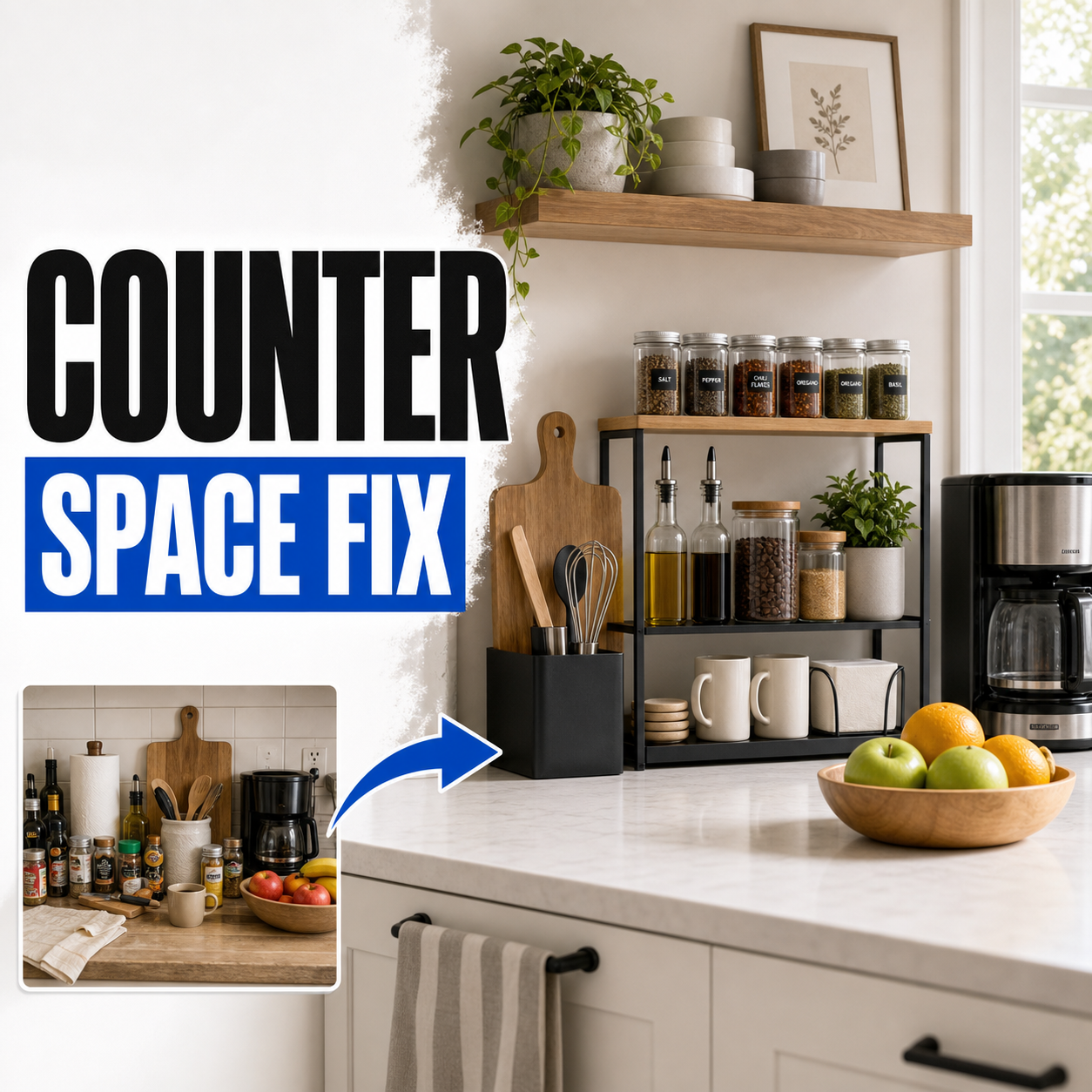 Small kitchen countertop organizer before and after