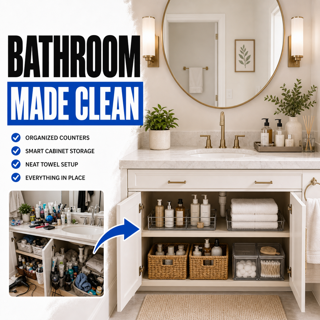 Bathroom organization for counters cabinets and towels before and after
