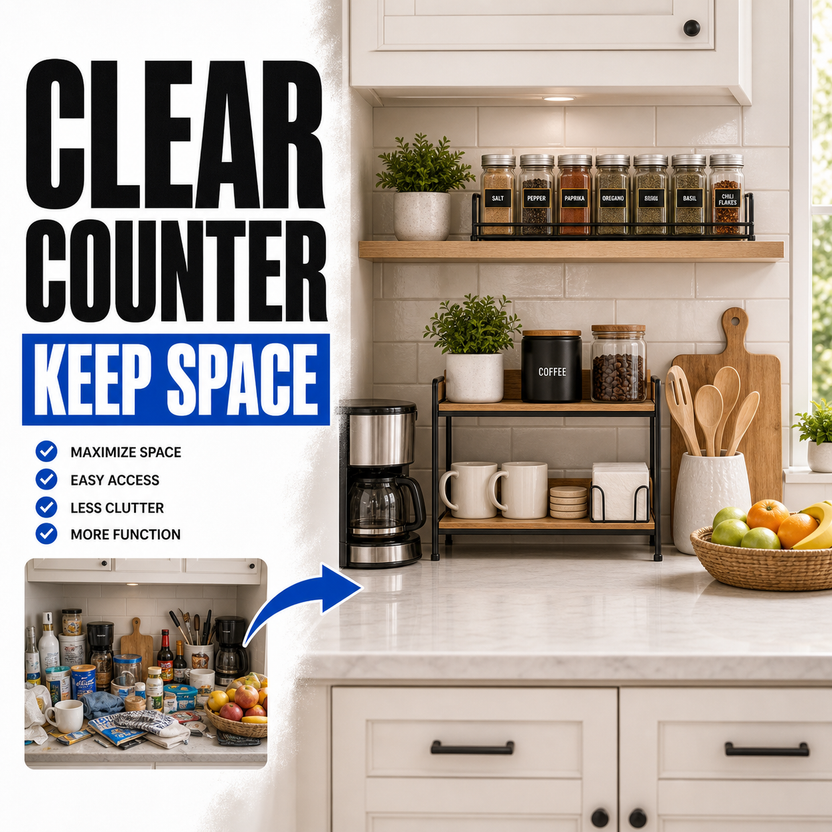 Kitchen countertop organization without losing useful space before and after