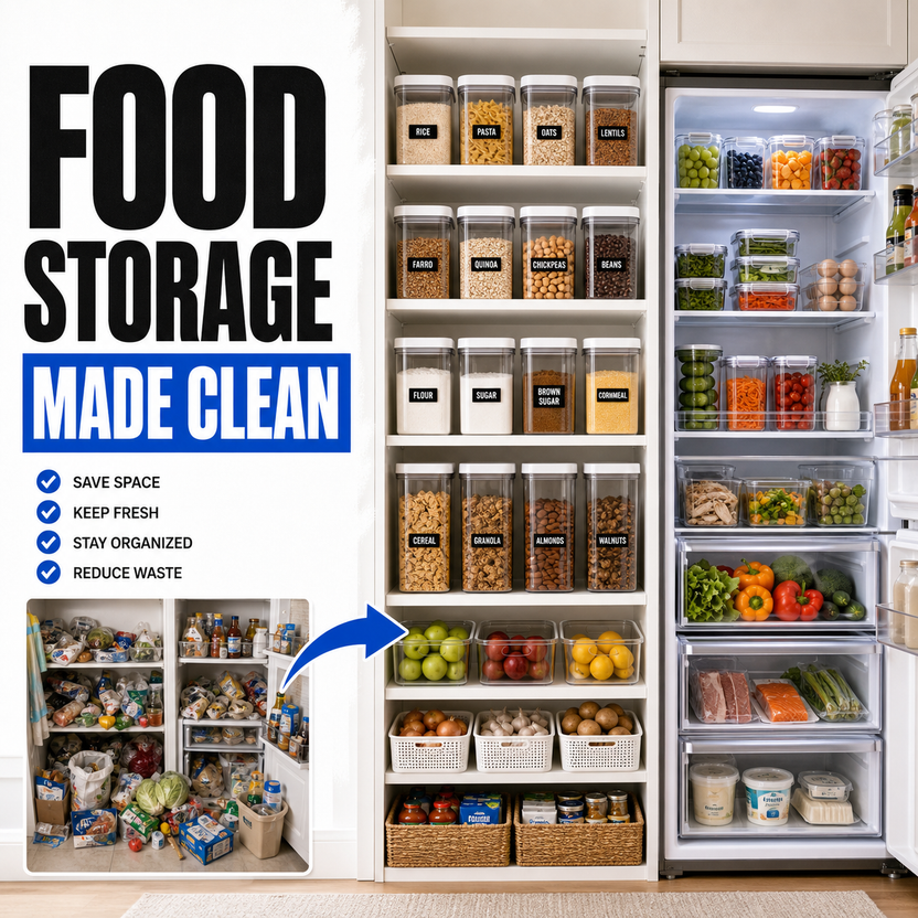 Food storage ideas for a cleaner pantry and fridge before and after
