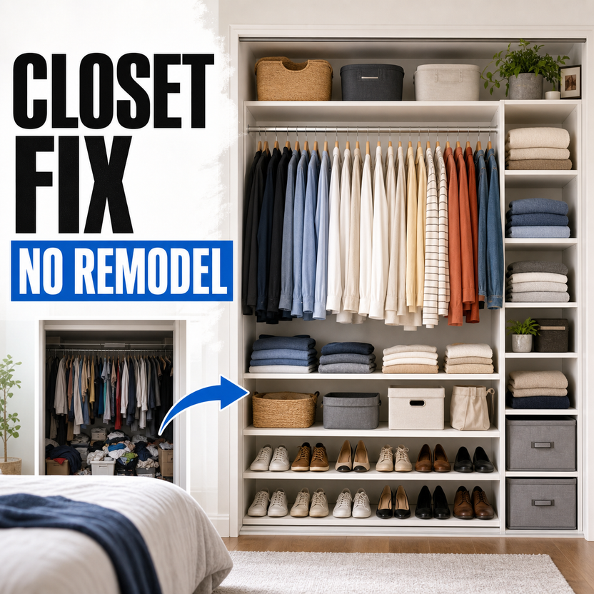 Organized closet without a full remodel using shelves, bins, shoe storage, and folded clothes