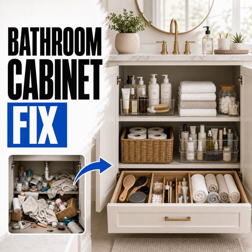 Bathroom cabinet organizer for towels and toiletries before and after