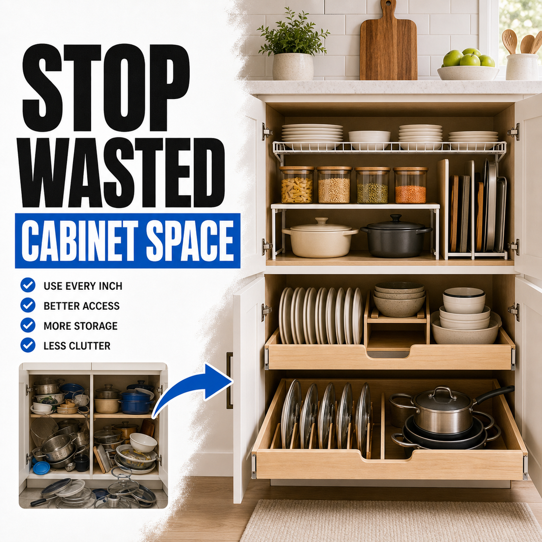 Kitchen cabinet organizers that stop wasted space before and after