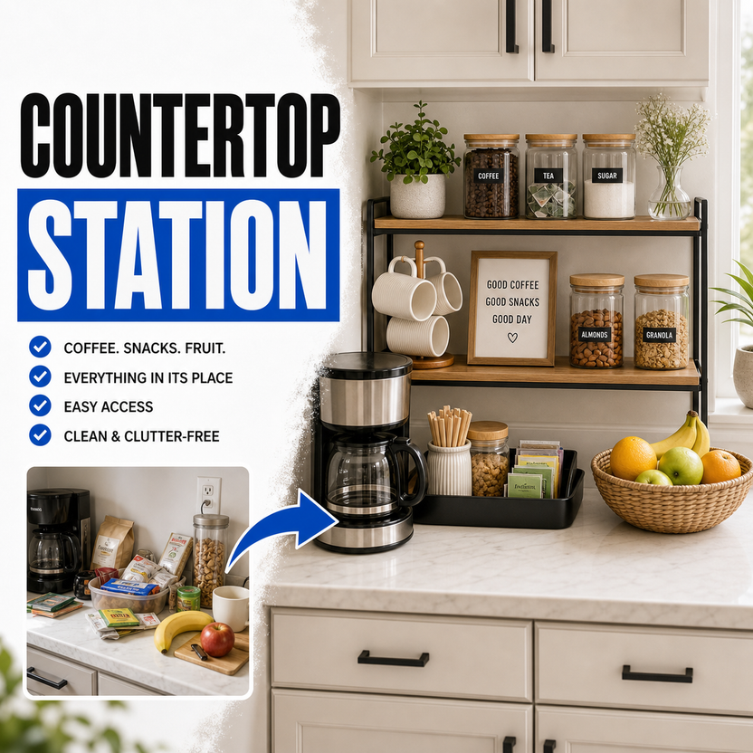 Countertop storage station for coffee snacks and fresh fruit