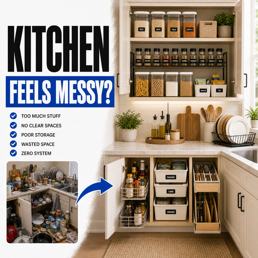 Kitchen organization problems that make a kitchen feel messy before and after