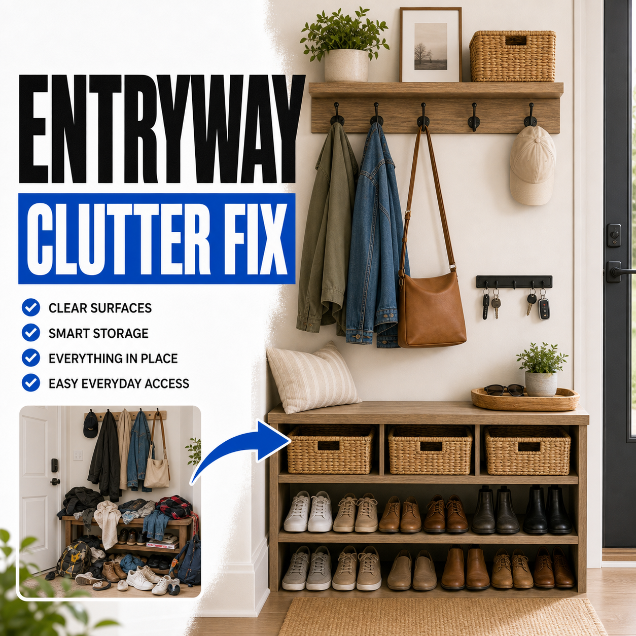Entryway clutter organization for shoes coats and everyday items