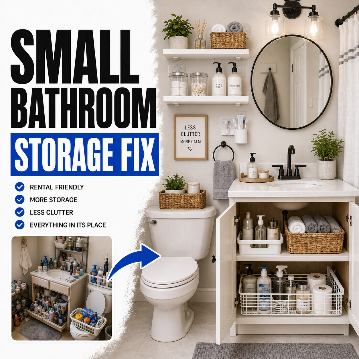 Small bathroom storage solutions for renters before and after