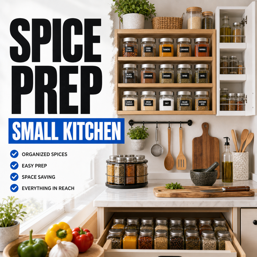 Spice prep and storage ideas for small kitchens with organized jars and countertop storage