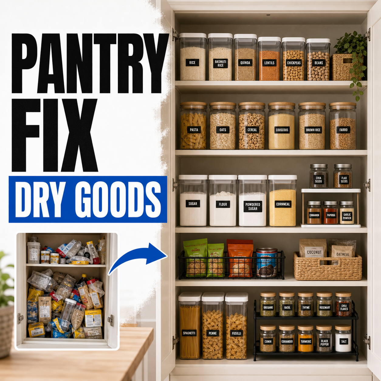 Pantry organizer for dry goods rice and small kitchens before and after