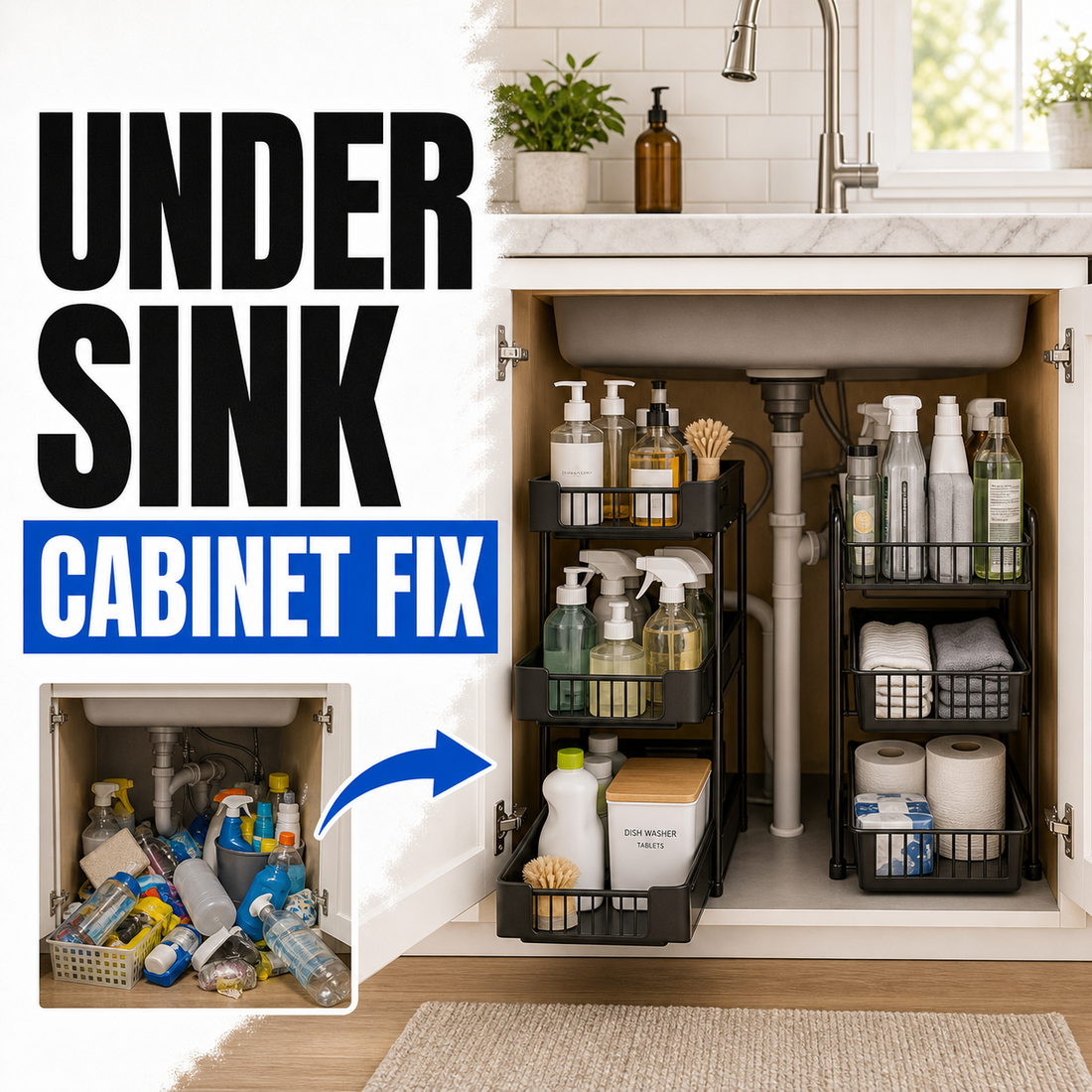 Under sink cabinet organizer for small kitchen storage before and after