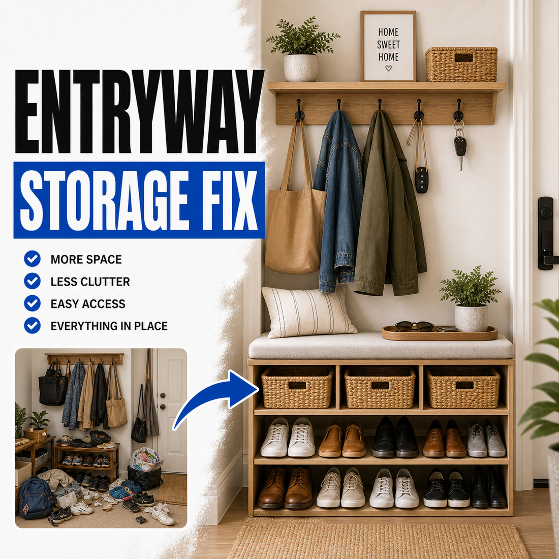 Entryway storage ideas for shoes coats and daily clutter before and after