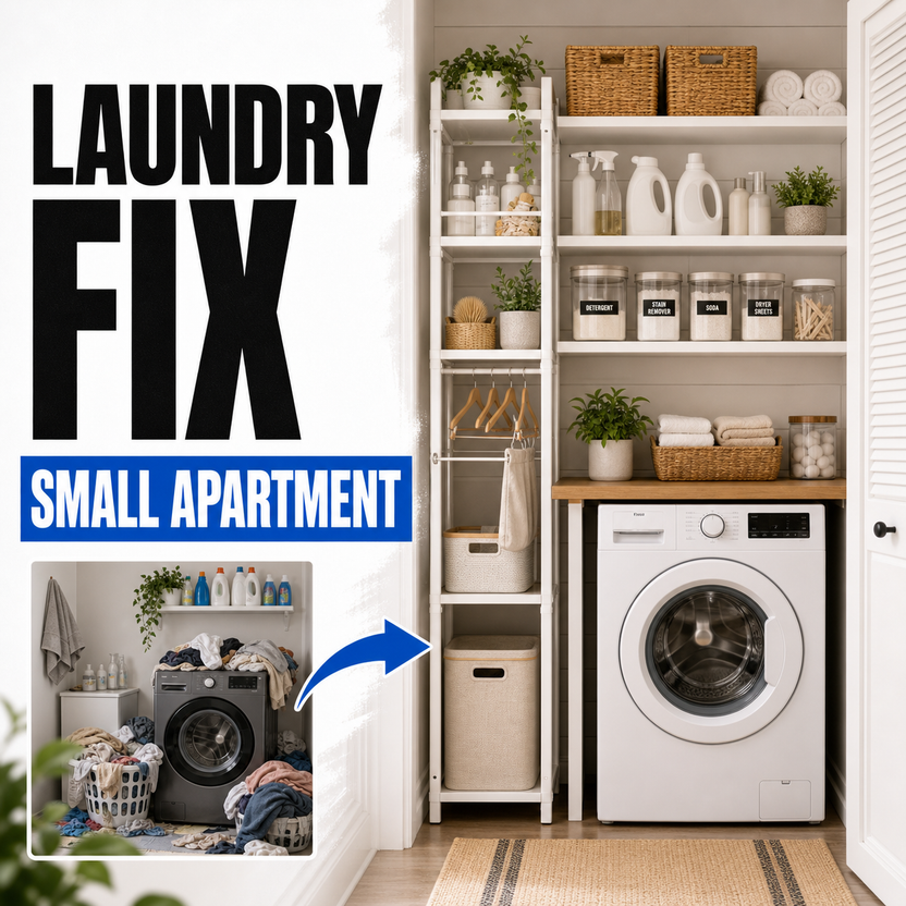 Small apartment laundry room organizer before and after