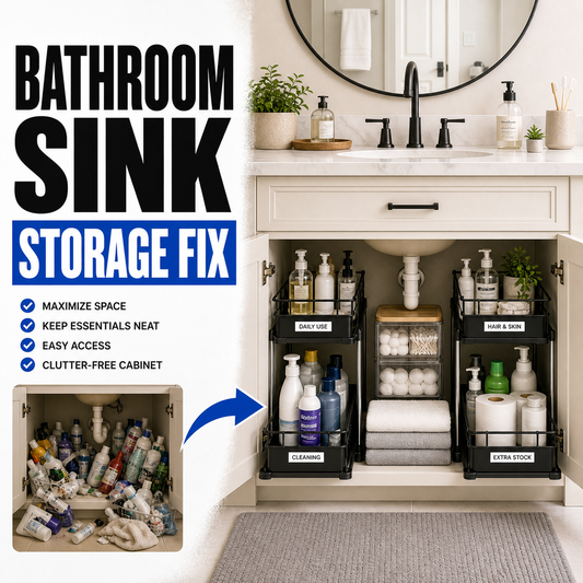 Bathroom under sink organizer storage before and after