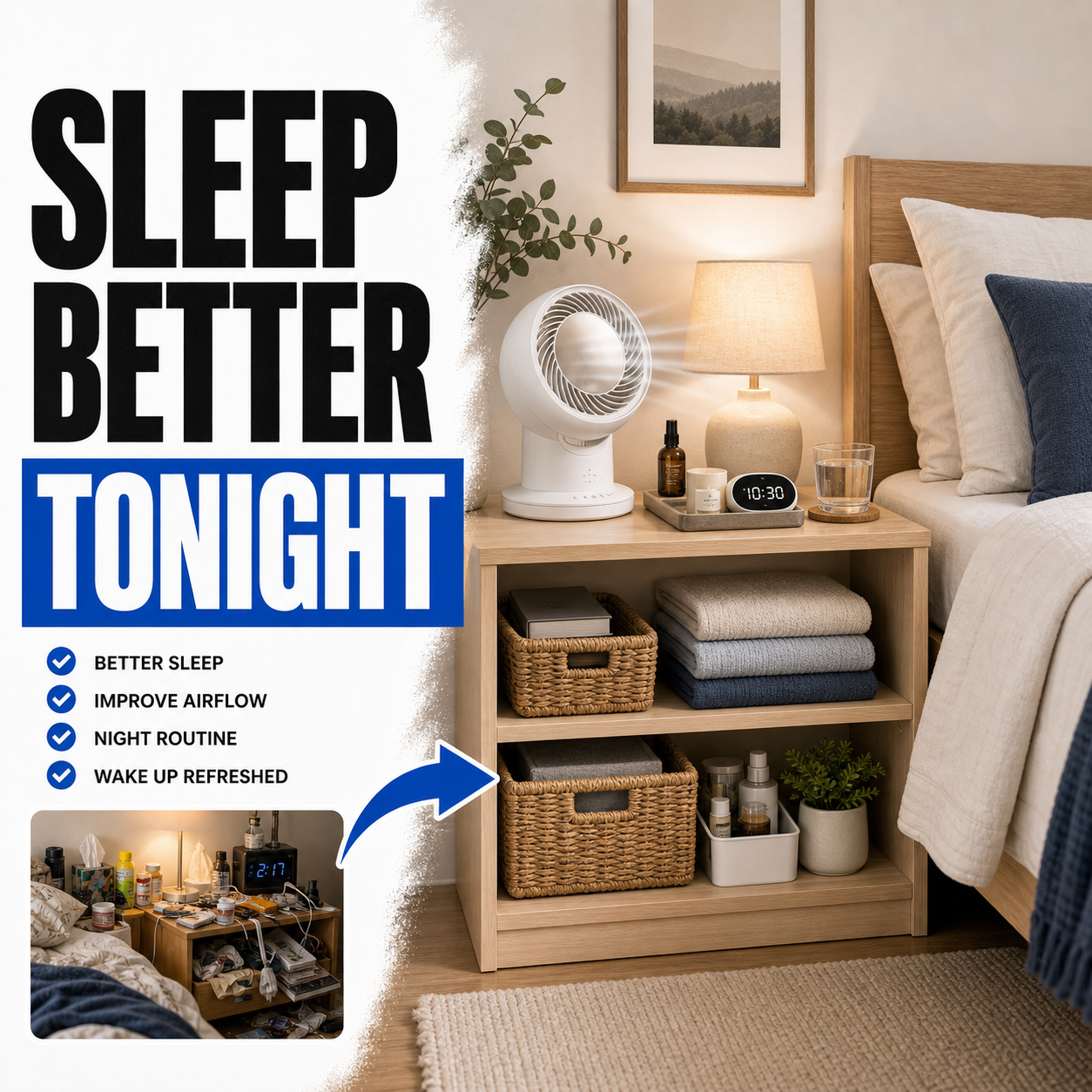 Bedroom night routine organization for better sleep and airflow