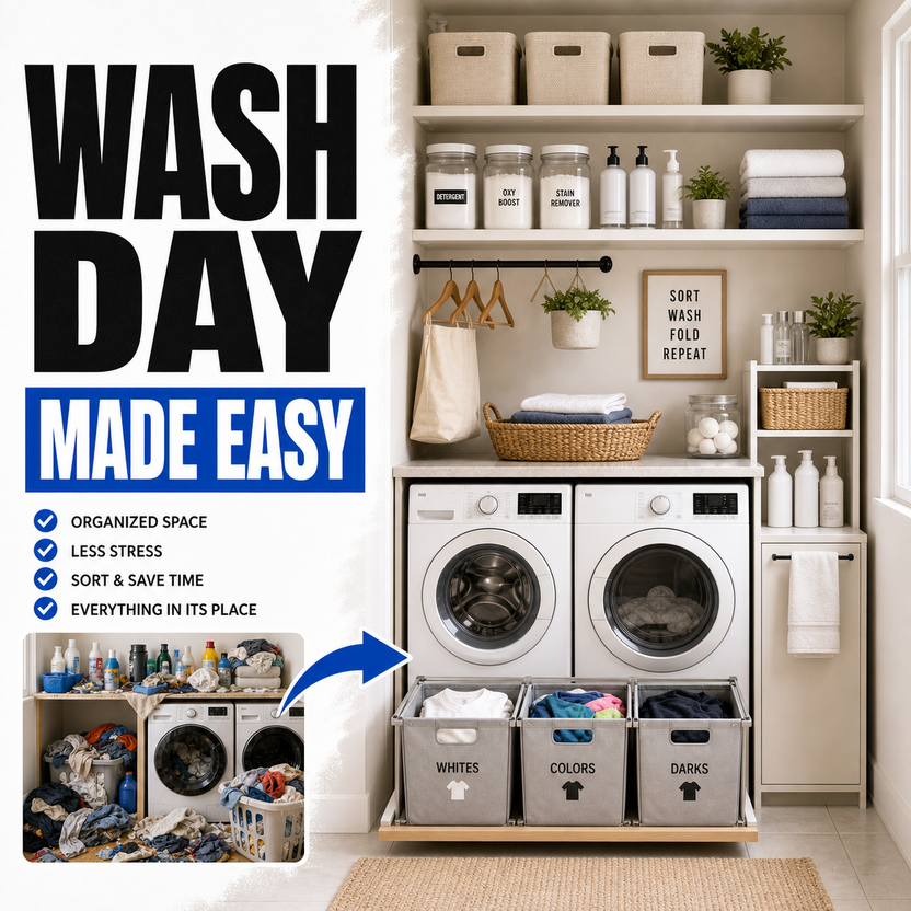 Wash day laundry organization before and after