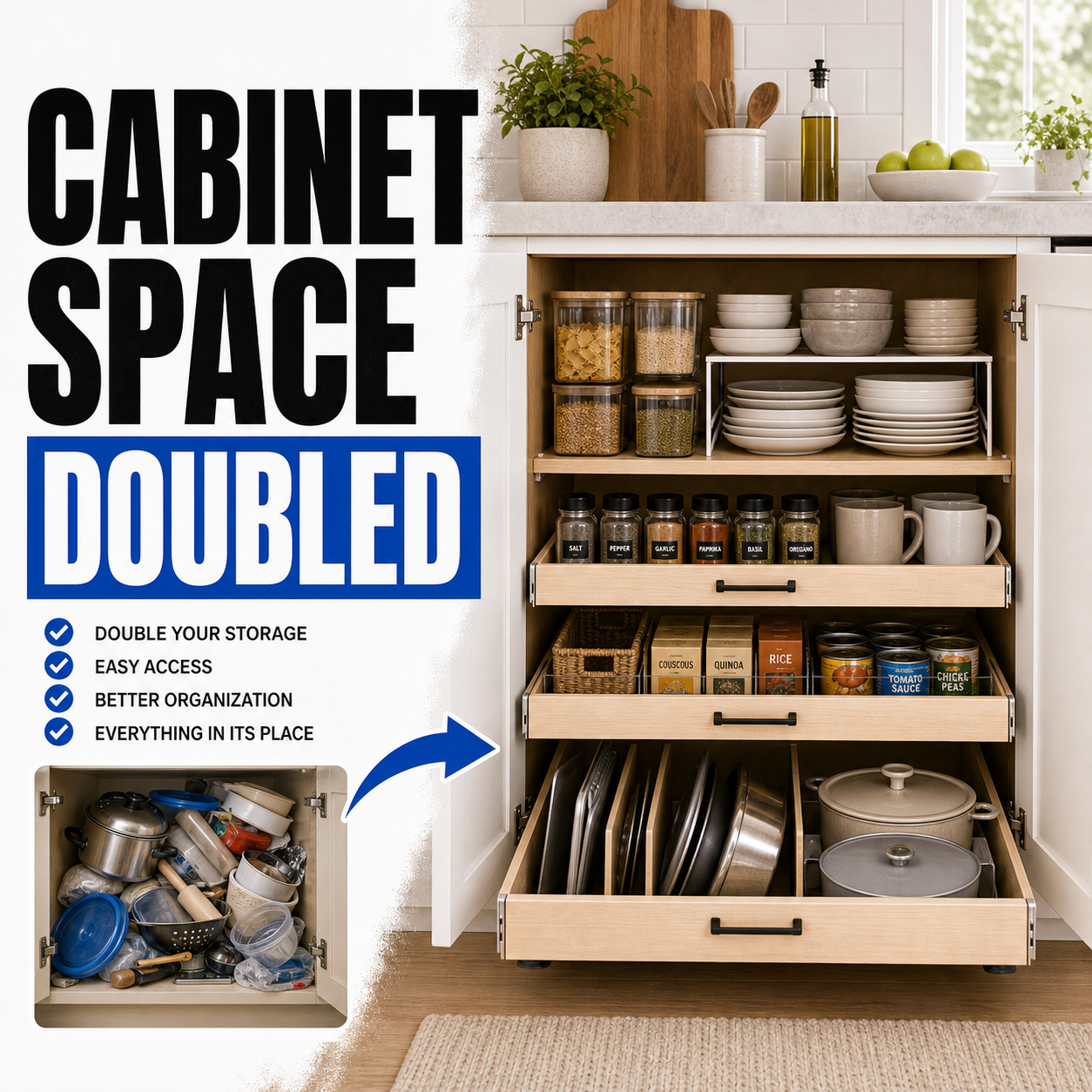 Space saving kitchen cabinet organization before and after