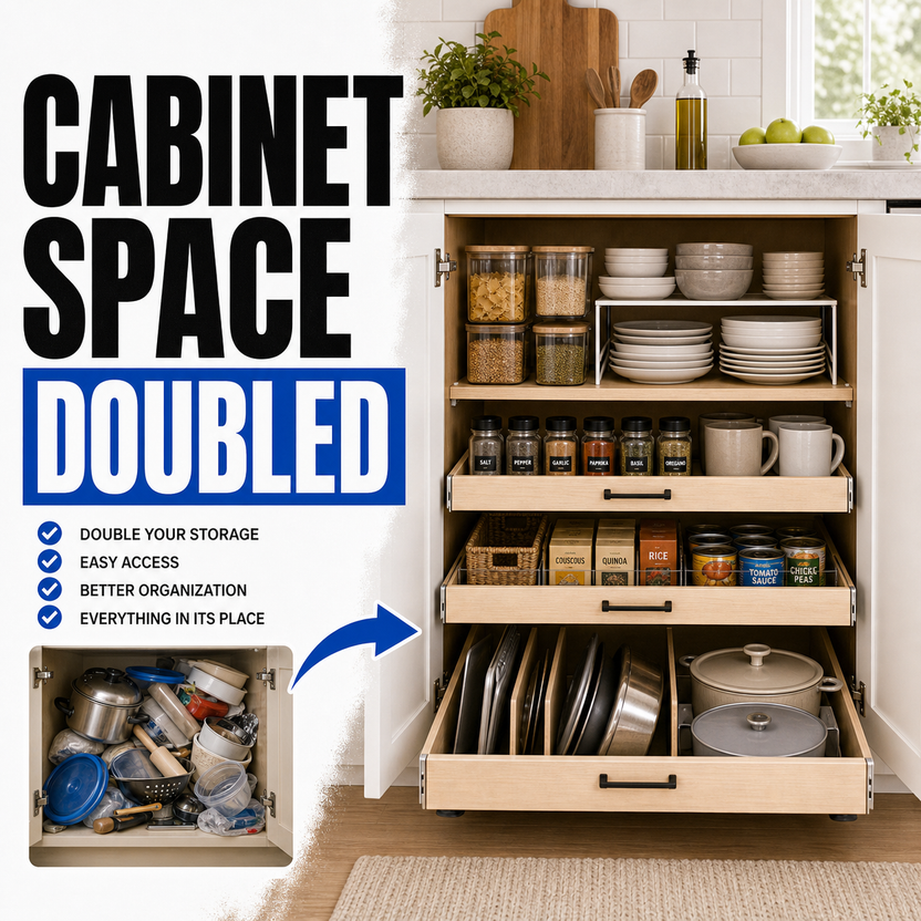 Space saving kitchen cabinet organization before and after