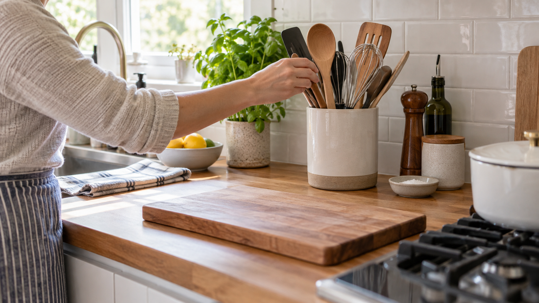 Realistic kitchen preparation area with one small clutter problem being resolved: a hand places loose utensils into a stable holder while the cutting board stays clear, no before-after collage
