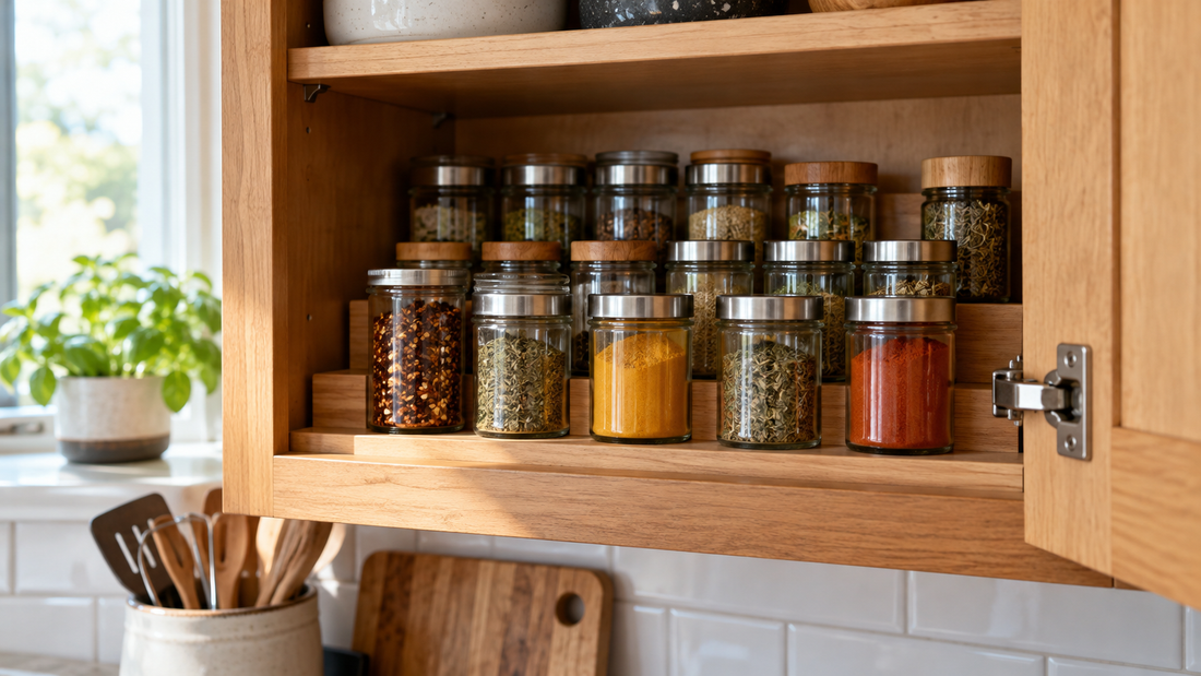 Home & Kitchen Organization Tips-SROYAS LLC-SROYAS Team-cabinet spice storage-Evergreen-Kitchen Organization-seasoning jar organizer-small kitchen spice ideas-spice rack organizer-spice storage ideas for small kitchen cabinets