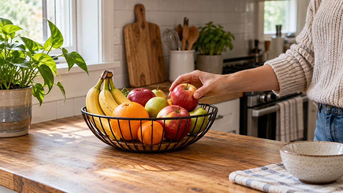 Home & Kitchen Organization Tips-SROYAS LLC-SROYAS Team-banana hanger-countertop fruit storage-Countertop Organization-Evergreen-fruit basket for kitchen counter-produce organizer-tiered fruit basket