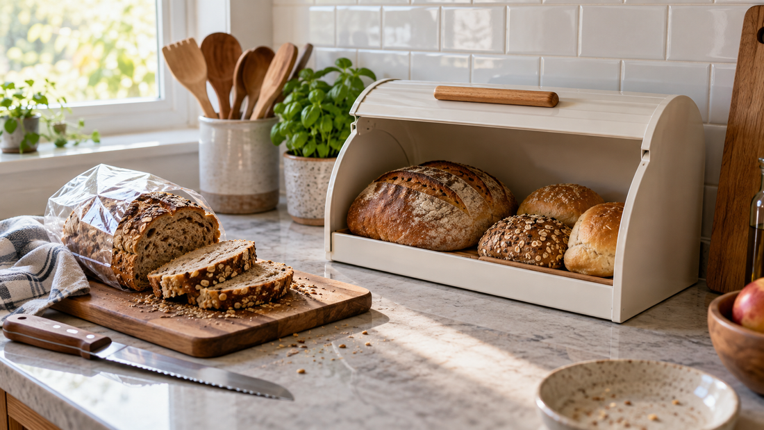 Home & Kitchen Organization Tips-SROYAS LLC-SROYAS Team-bamboo bread box-bread box for kitchen counter-bread storage ideas-countertop food storage-Evergreen-Food Storage-small kitchen storage