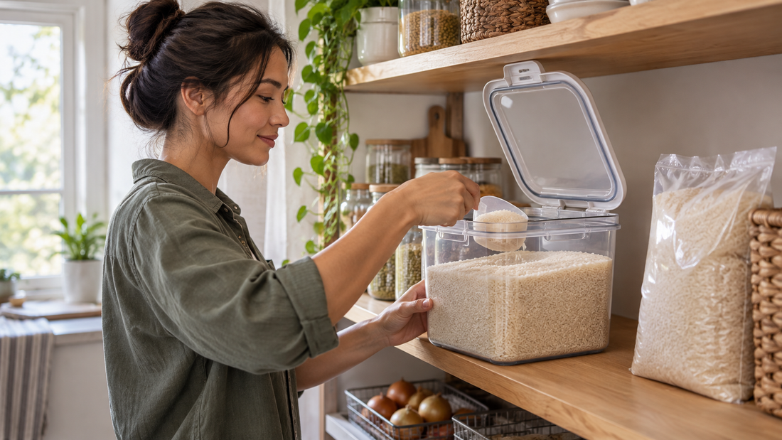 Home & Kitchen Organization Tips-SROYAS LLC-SROYAS Team-airtight rice container-dry food storage-Evergreen-Food Storage-grain storage dispenser-pantry bin-rice storage container for small pantry