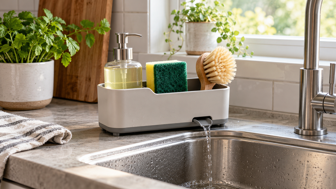 Home & Kitchen Organization Tips-SROYAS LLC-SROYAS Team-Countertop Organization-dish brush organizer-Evergreen-kitchen sink storage-organize sink sponges soap and dish brushes-sink caddy-sponge holder