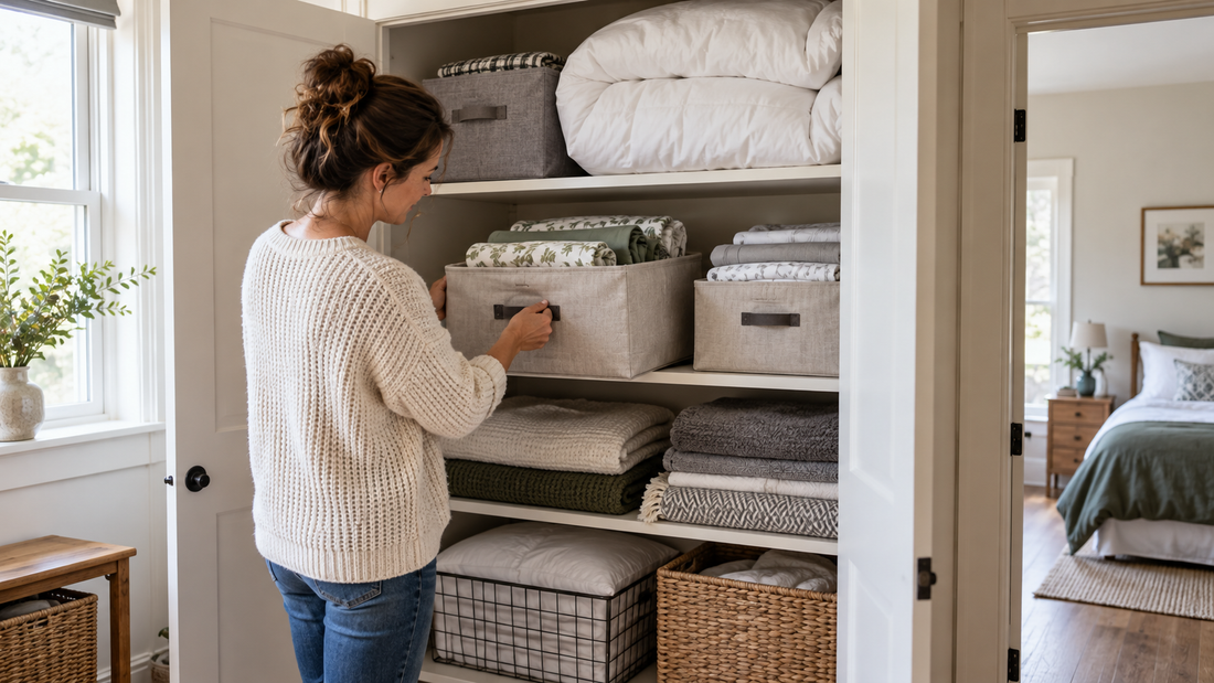 Home & Kitchen Organization Tips-SROYAS LLC-SROYAS Team-closet organization-compression bedding storage-Evergreen-linen storage bins-Room & Bedroom Organization-store blankets comforters and bedding-vacuum storage bags