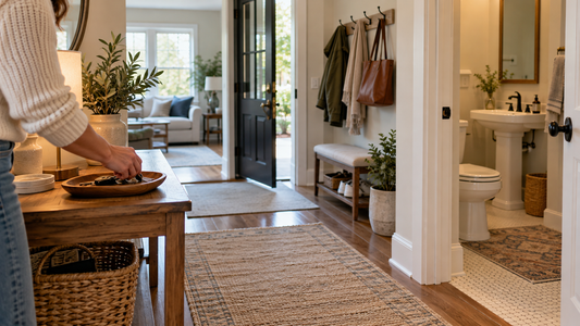 Home & Kitchen Organization Tips-SROYAS LLC-SROYAS Team-bathroom organization-entryway storage-Evergreen-guest ready home-Home & Kitchen Essentials-organize home before guests arrive-quick home organization