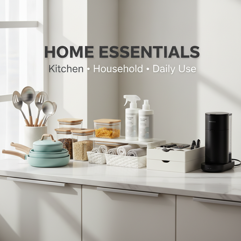 Home essentials products for everyday use including kitchen, storage, and household accessories