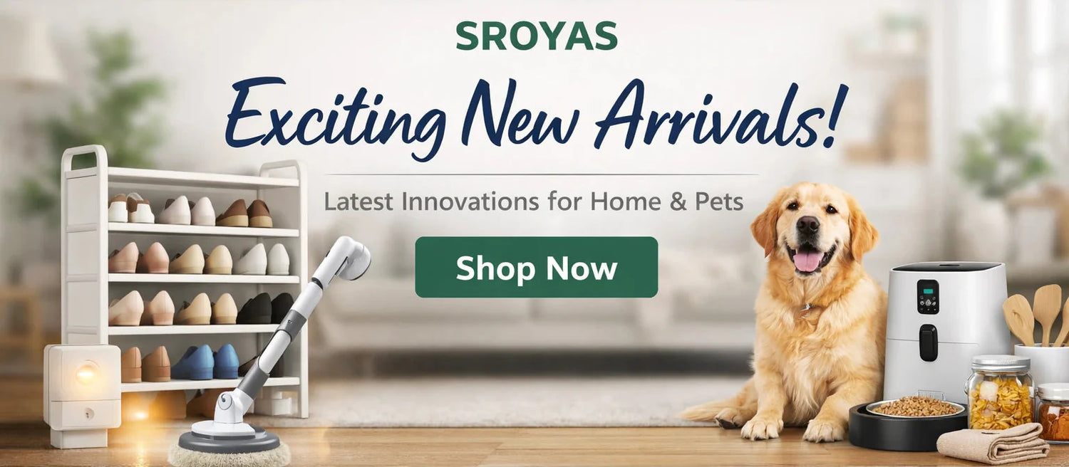 New arrivals home and pet products including shoe rack organizer, electric cleaning scrubber, smart home gadgets and pet feeder in a modern home