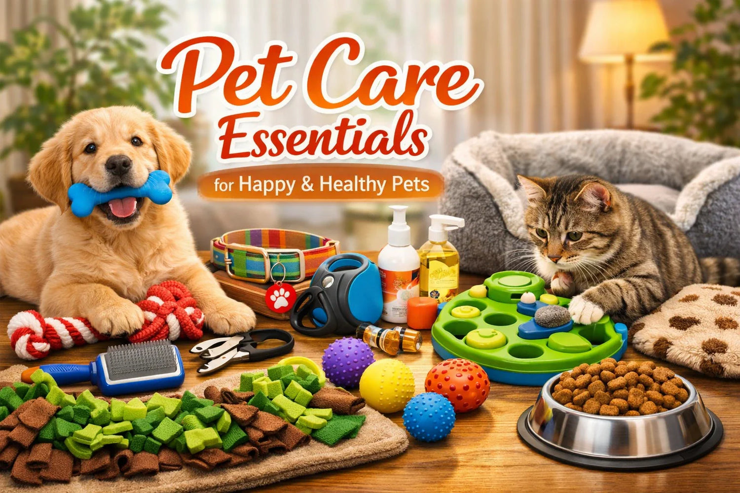 Pet care collection featuring dog toys, cat puzzle feeders, collars, grooming tools, and pet beds for healthy, happy pets in a cozy home setting.