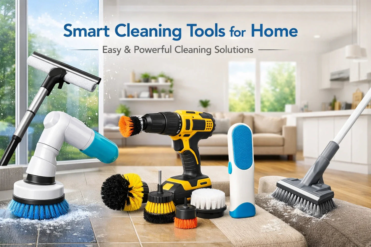 Smart cleaning tools including electric scrubber, window squeegee, and pet hair remover in a modern, clean home interior