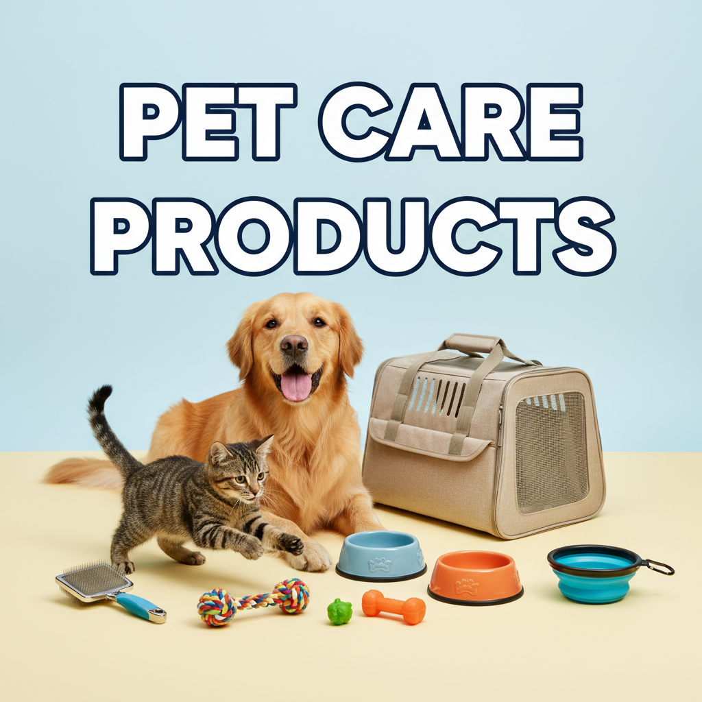 Pet care products for dogs and cats including toys, grooming essentials, beds, and daily pet accessories
