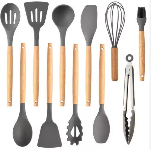 11-Piece Non-Stick Silicone Kitchen Utensils Set with Wooden Handles for kitchen organization and cabinet storage